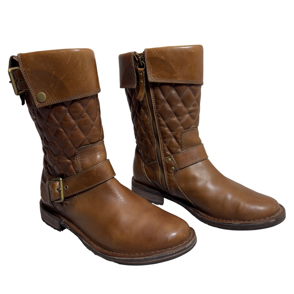UGG Joss Boots Women's 8 Brown Leather Quilted Moto Biker Buckle And Side Zipper